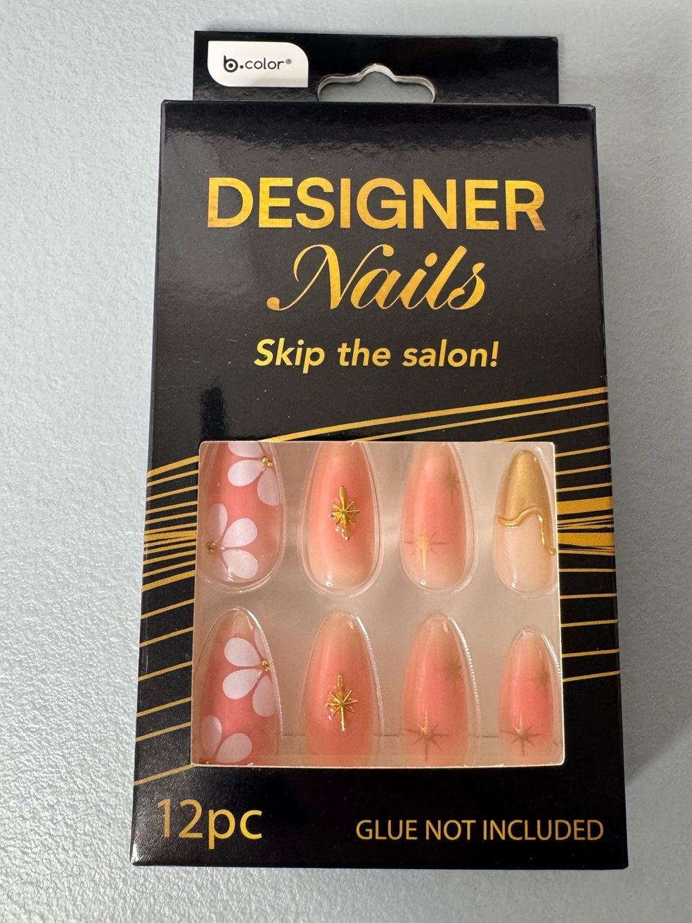 Designer Nails 12pc Pink & Gold peachy pink floral summer spring Press-On Set